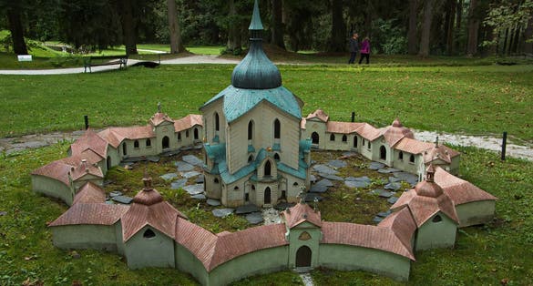 Photo of Miniature of Church St. John of Nepomuk in Žďár nad Sázavou in miniature park Boheminium near Mariánské Lázně, Plzeň Region, Czech Republic.
