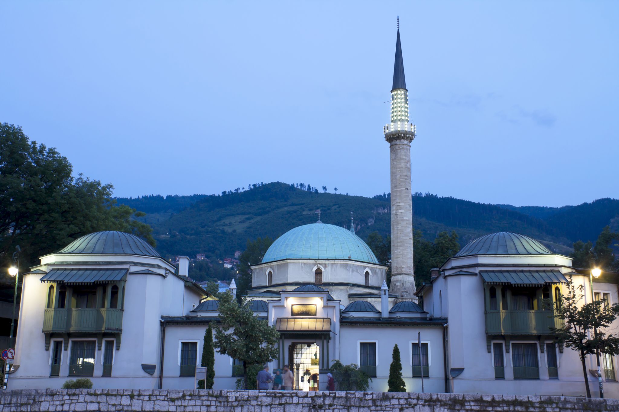Photo of Emperor's Mosque at dusk, first mosque built in Sarajevo, Bosnia and Herzegovina.