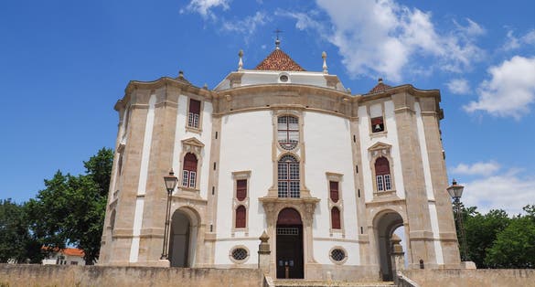 The Sanctuary or Santuário do Senhor Jesus da Pedra. Beautiful Catholic church in the blue sky background. Exemplary religious architecture, Baroque style temple in district of Leiria, in Portugal.