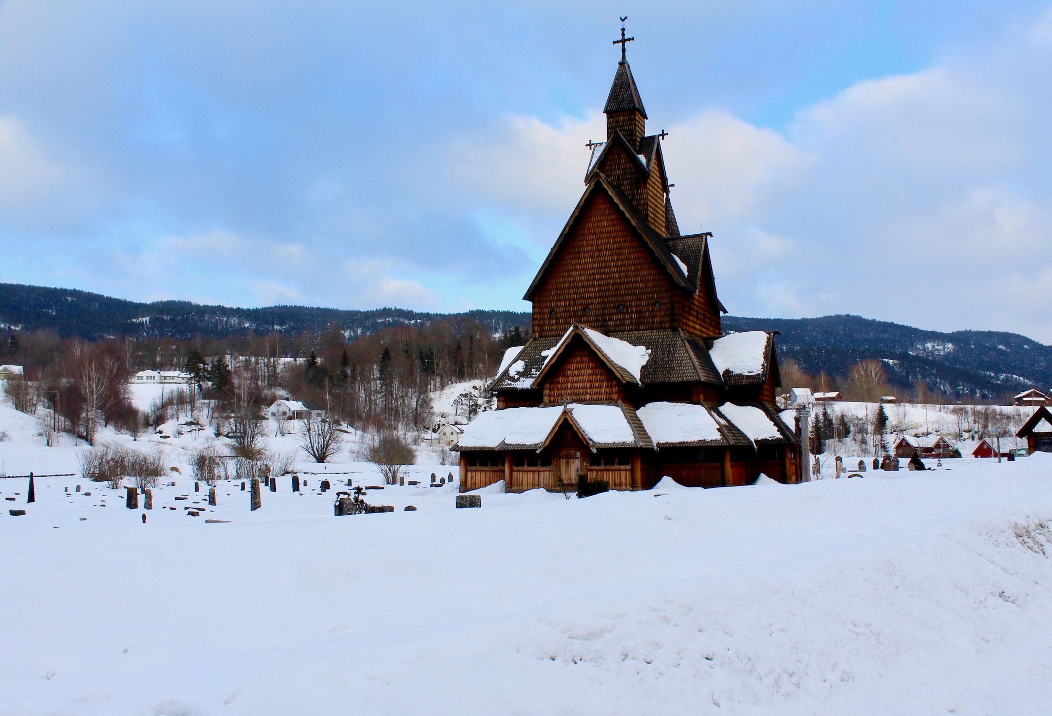 Heddal Stavkirke, the beautiful old church on winter season, Norway.
