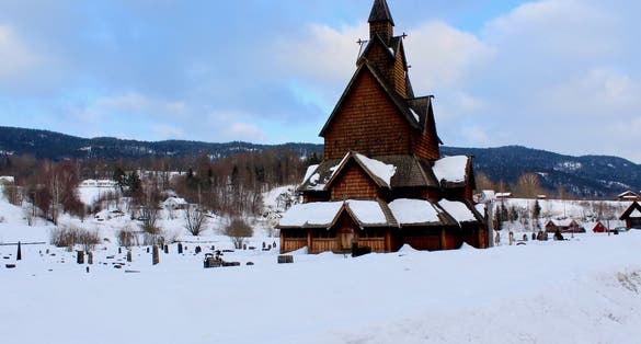 Heddal Stavkirke, the beautiful old church on winter season, Norway.