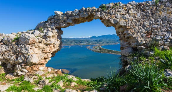 Photo of Old Navarino Castle looking over the Pylos bay in Gialova, Peloponnese, Greece.