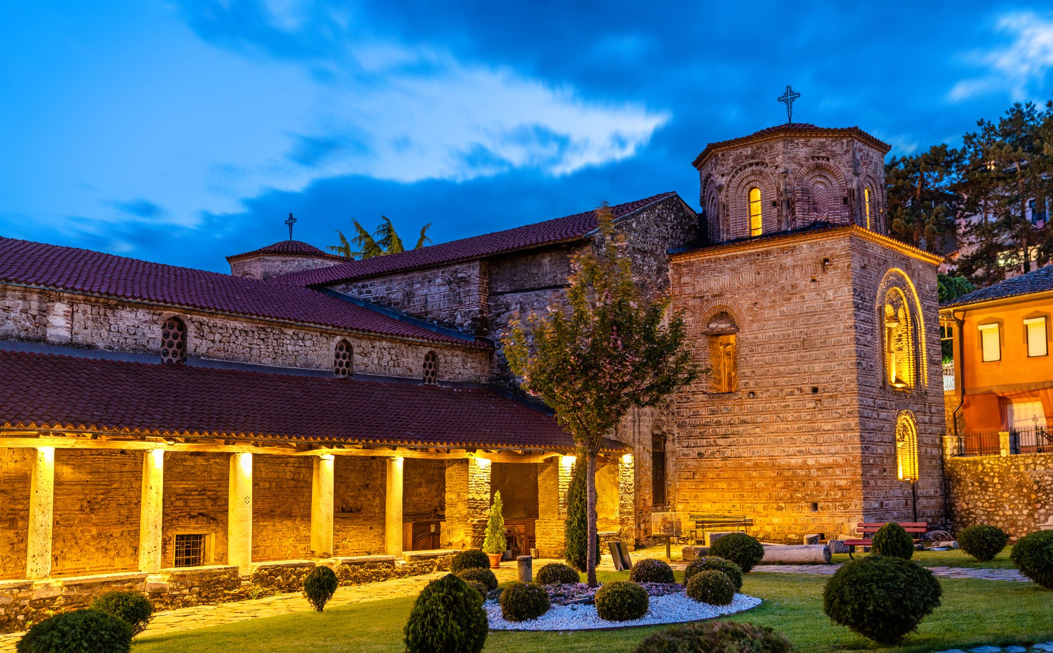 Photo of the Church of St. Sophia in Ohrid at night, Northern Macedonia.