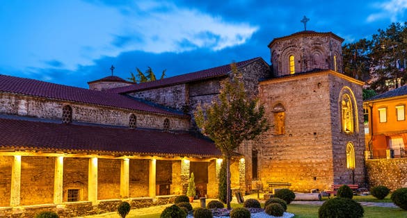 Photo of the Church of St. Sophia in Ohrid at night, Northern Macedonia.