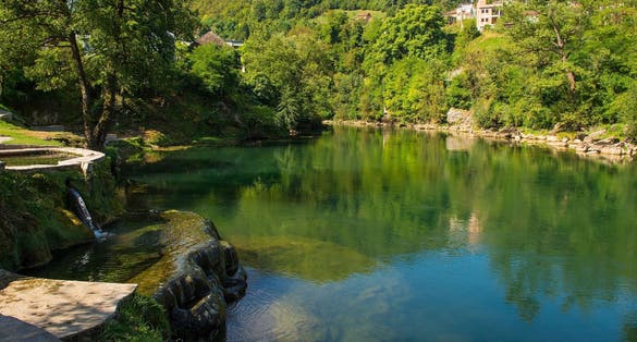 PHOTO OF VIEW OF Vrucica Hot Springs on the Vrbas River as it flows through Srpske Toplice south east of Banja Luka in Republika Srpska, Bosnia and Herzegovina