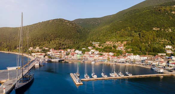 Aerial view to the commercial port and yacht marina of Sami on the island of Kefalonia, Greece