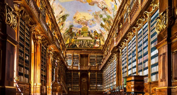 Photo of historical library of Strahov Monastery,  Philosophical Hall in Prague, Czech Republic.