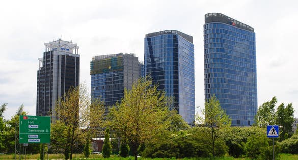 Photoof Katowice - City Centre. Zabrska Street / A. Mickiewicza. Global Office Park and Stalexport skyscrapers.