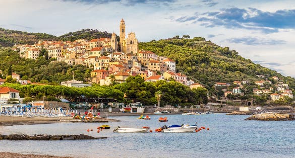 Beautiful View of Sea And Ancient Town of Cervo Built on The Hill at Italian Riviera During Sunset-Cervo,Italy,Europe