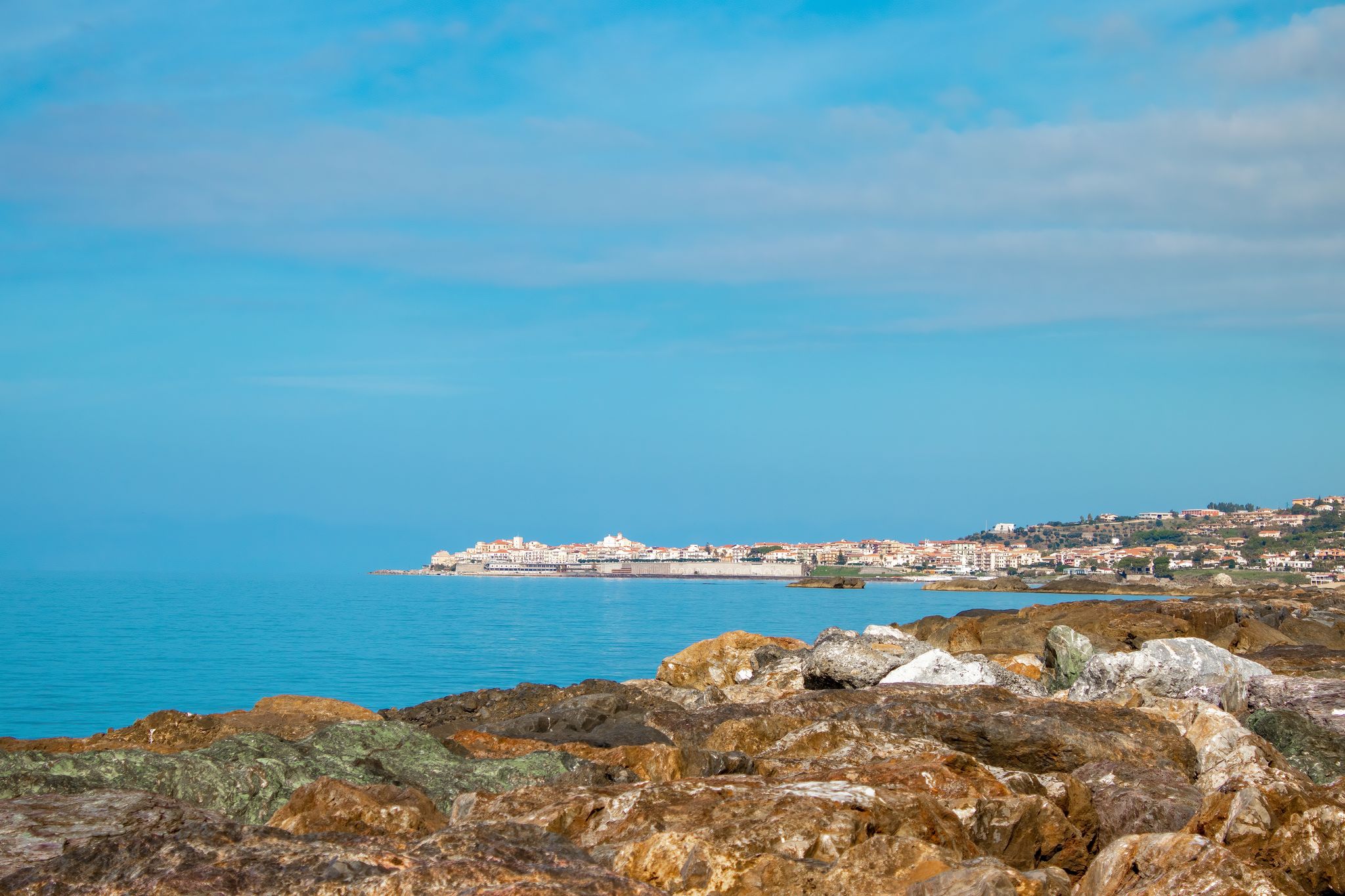 Photo of perfect summer aerial view of Diamante port, Italy.
