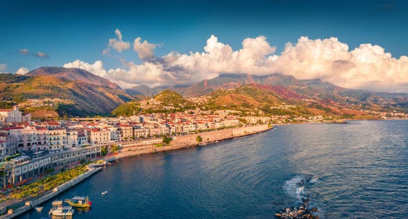 Splendid view from flying drone of Diamante port, Province of Cosenza. Colorful evening seascape of Mediterranena sea. Fantastic outdoor scene of Italy, Europe. Traveling concept background. 