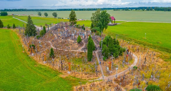 Aerial view of Hill of Crosses near Lithuanian town Siauliai.