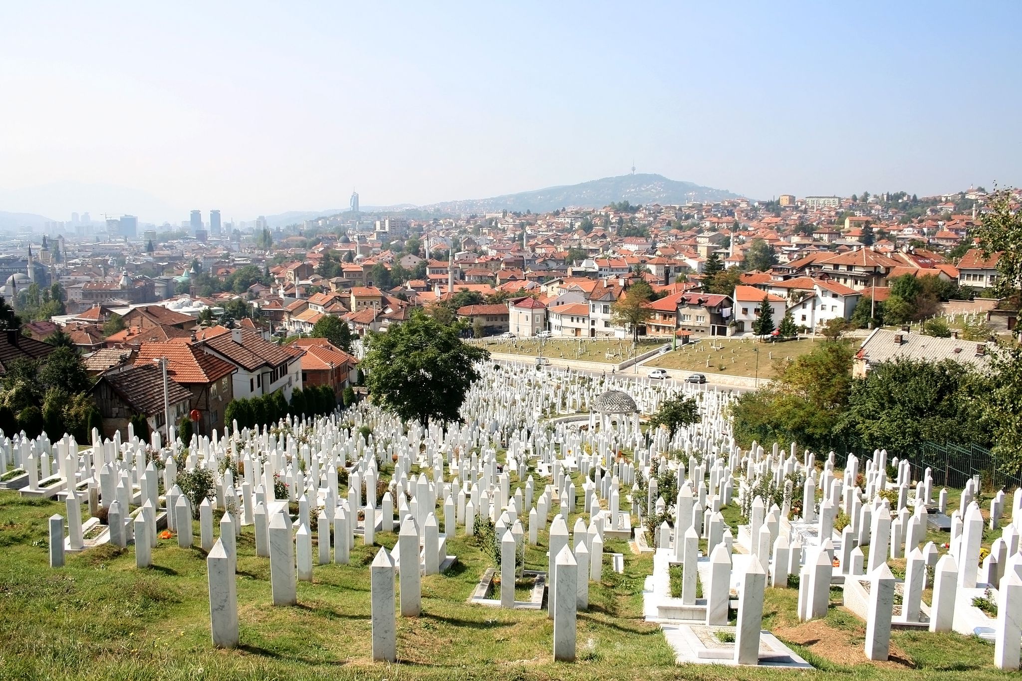 Photo of aerial view of Sarajevo from Yellow Fortress on a sunny day, Bosnia and Herzegovina.