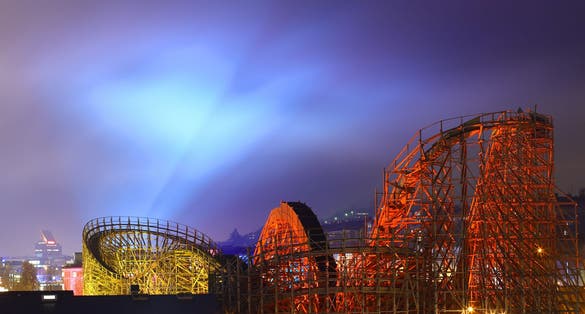 photo of wooden roller coaster in Lisebergbanan in Gothenburg, Sweden.
