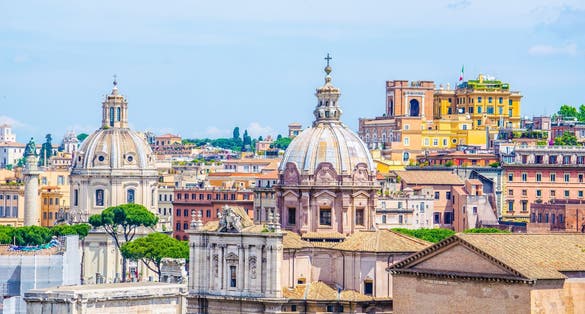 Aerial view of forum romanum and surrounding areas of historical centre of italian capital rome.