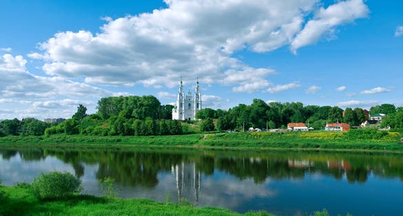 Photo of St. Sophia Cathedral on a beautiful sunny day in Polotsk with beautiful view, Belarus.