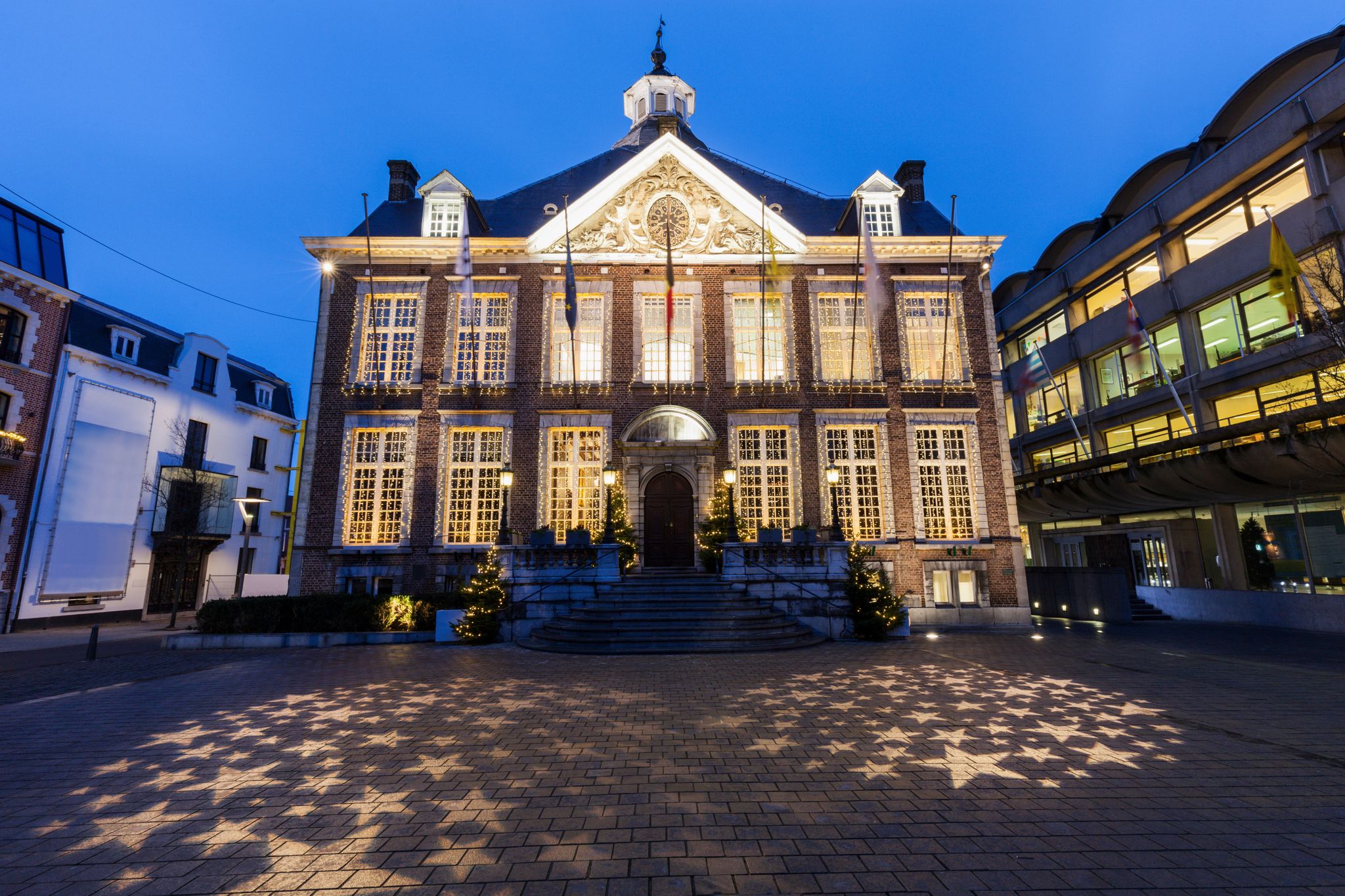 Photo of Hasselt city hall at night. Liege, Flemish Region, Belgium.