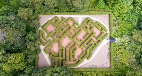 Top view on maze in forest, Carnfunnock Country Park, Ballygalley, Northern Ireland.