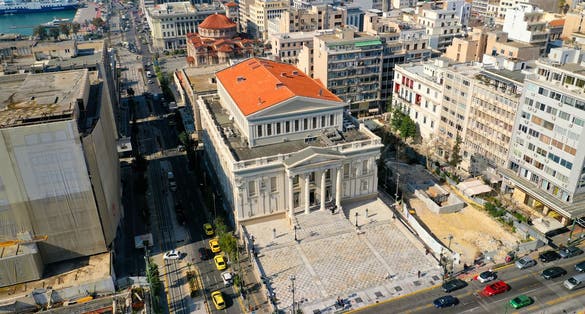 Photo of Aerial drone photo of famous landmark Piraeus municipal theatre, Attica, Greece.