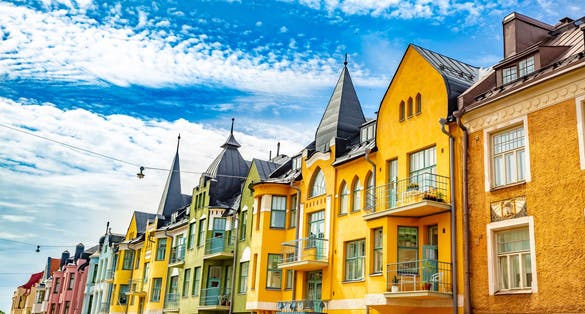 Photo of multicolored facades of buildings in Helsinki, Finland.