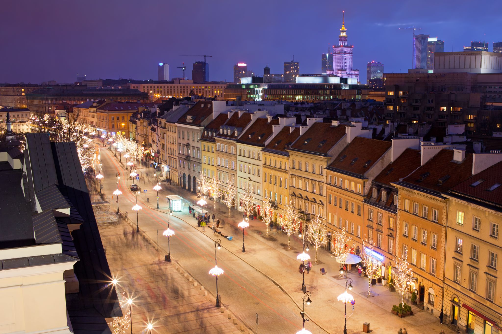 Krakowskie Przedmiescie street at night, part of the Royal Route in the city of Warsaw, Poland.