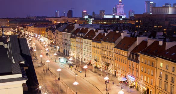 Krakowskie Przedmiescie street at night, part of the Royal Route in the city of Warsaw, Poland.