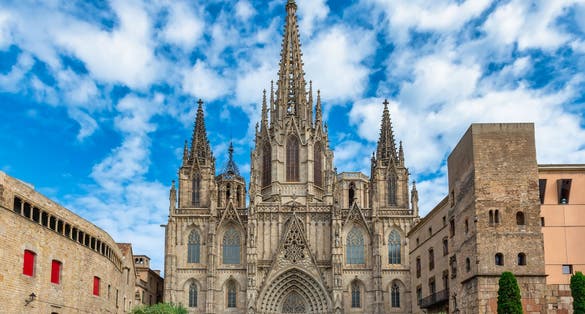 Photo of Cathedral of Holy Cross and Saint Eulalia or Barcelona Cathedral in Barcelona, Catalonia, Spain. Gothic Quarter of Barcelona. Architecture and landmark of Barcelona.