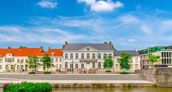 Arts centre BUDA on Buda Island and embankment promenade of Lys river in Kortrijk city historical centre, belgium landmark, Flemish Beguinages, West Flanders province, Flemish Region, Belgium