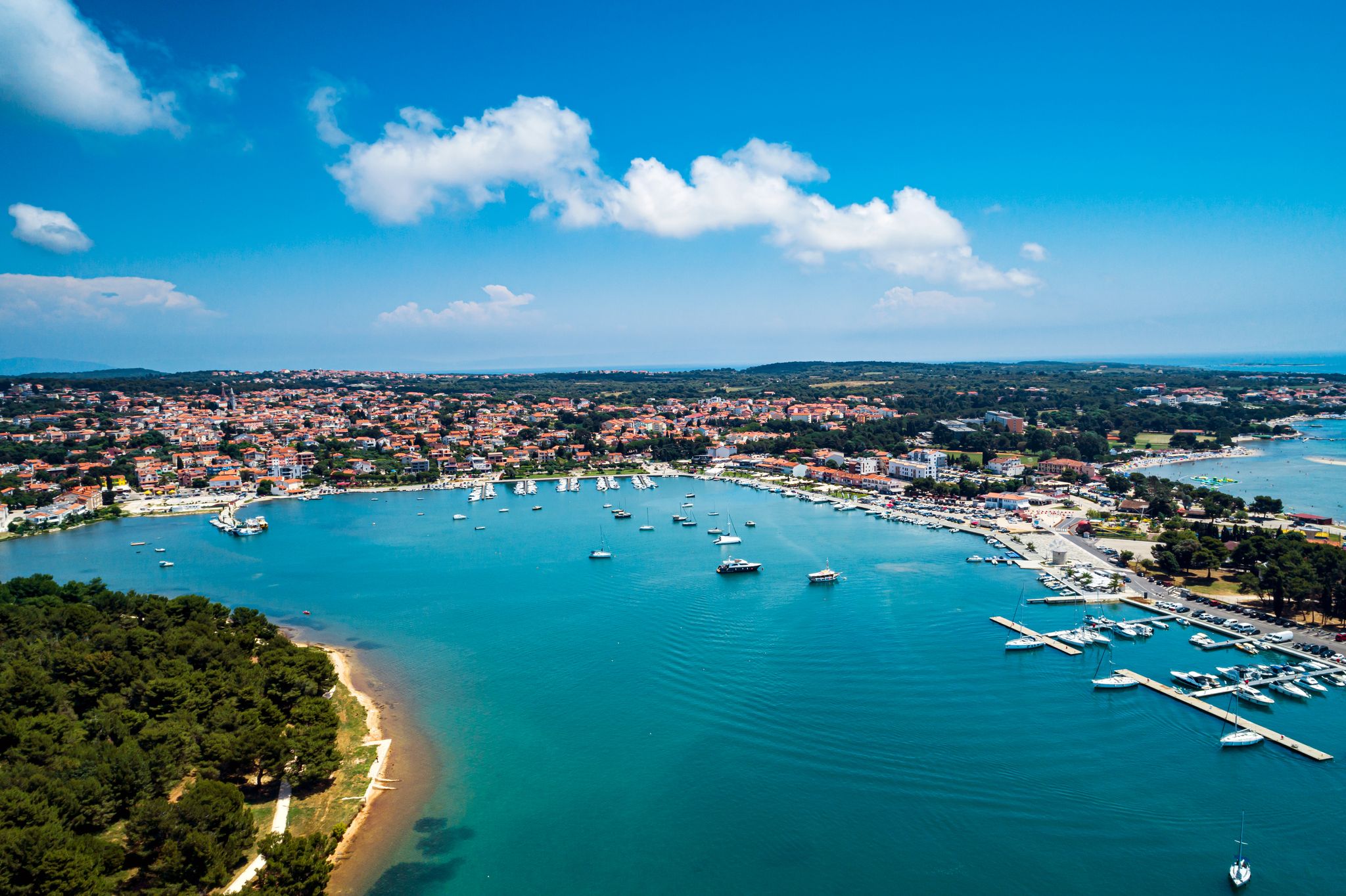 Photo of aerial view of beautiful town of Medulin waterfront view, Istria region of Croatia.
