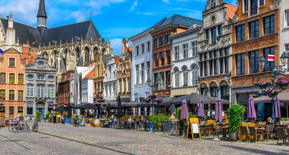 Grote Markt in Mechelen, Belgium. Mechelen is a city and municipality in the province of Antwerp, Flanders, Belgium. Cityscape of Mechelen