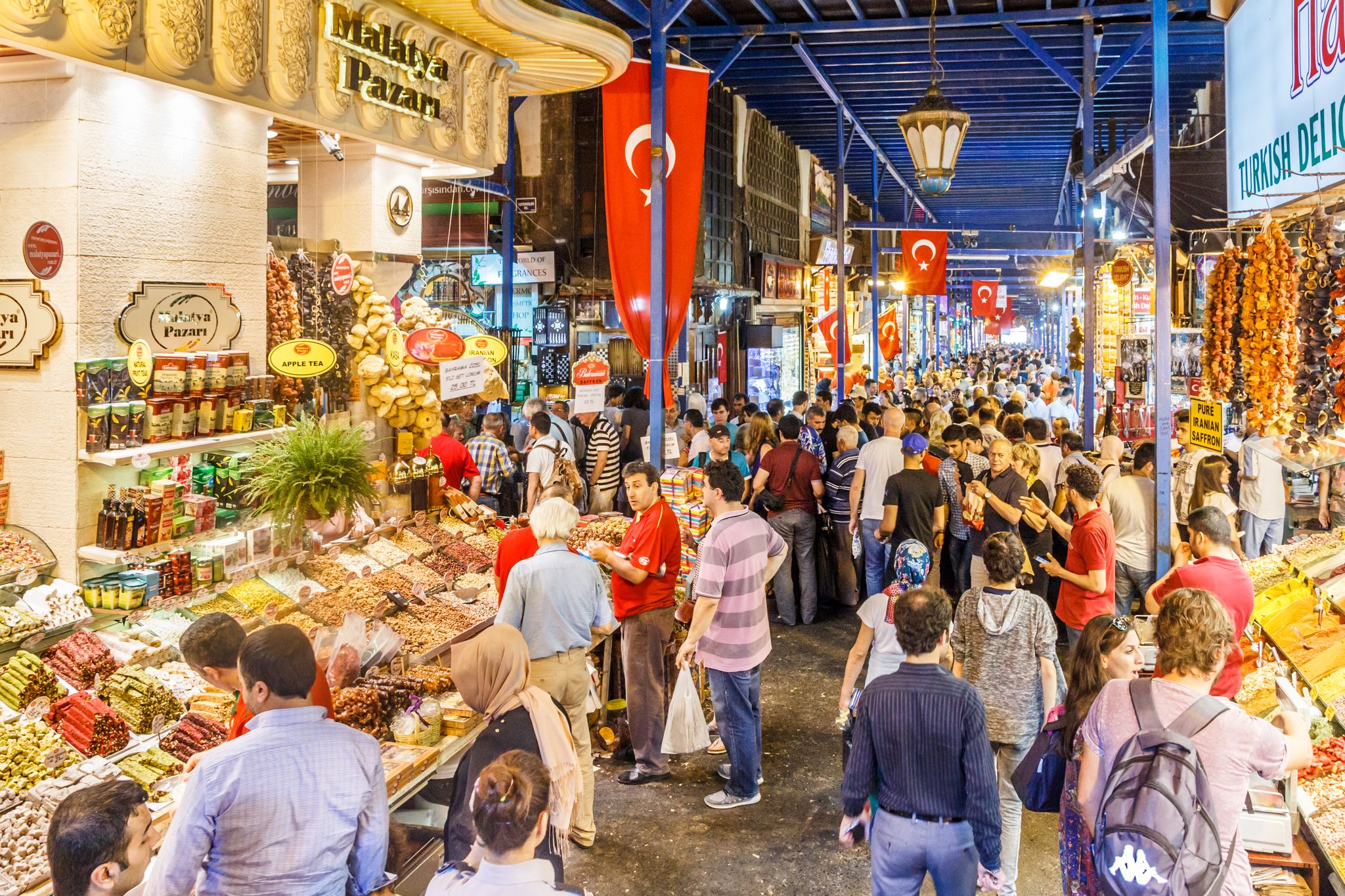 Inside the crowded Spice Bazaar. The stalls sell soaps, spices and teas.