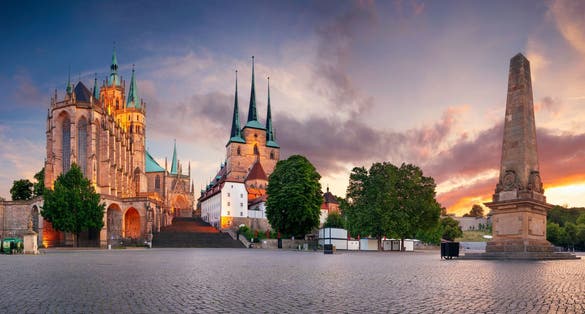 Erfurt, Germany. Cityscape image of downtown Erfurt, Germany with Erfurt Cathedral at summer sunset.