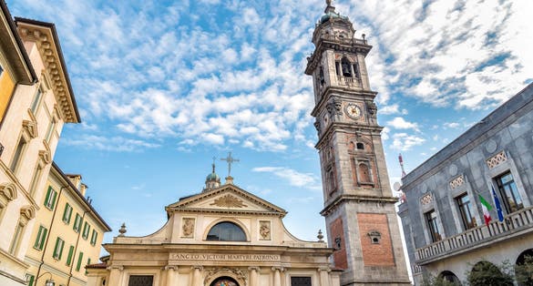 Photo of Romanesque Basilica of San Vittore church Bell tower of Bernascone in Varese, Italy.