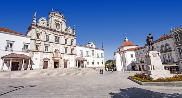 Photo of Sa da Bandeira Square with a view of the Santarem See Cathedral aka Nossa Senhora da Conceicao Church, built in the 17th century Mannerist style, Portugal.