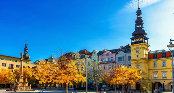 View of Masaryk Square, central square of Ostrava city overlooking Old Town Hall and Marian column on sunny autumn day, Czech Republic