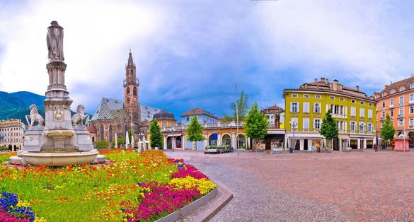 photo of view of Bolzano main square Waltherplatz panoramic view, South Tyrol region of Italy.