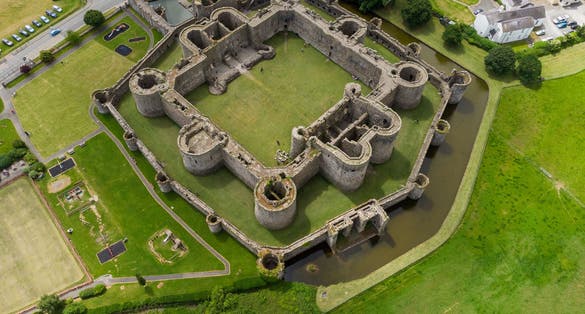 Photo of aerial view of famous Beaumaris Castle in Anglesey, North Wales, United Kingdom.