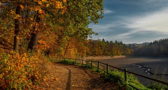 Harcov dam in Liberec city in autumn color fresh mornig first time empty in history of town