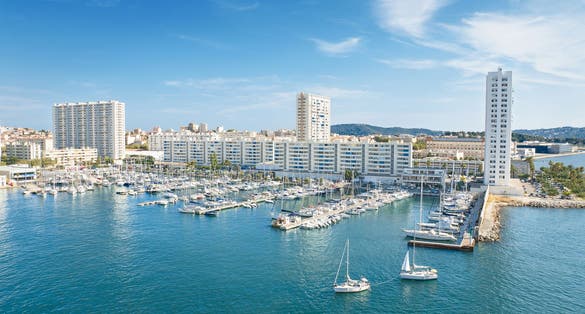 Photo of aerial view of Toulon harbor, France.