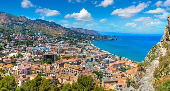 Aerial view of Cefalu and cathedral in Sicily, Italy in a beautiful summer day