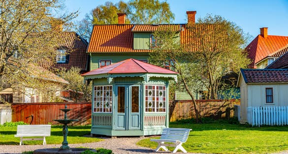 photo of traditional timber houses in Linkoping, Sweden.