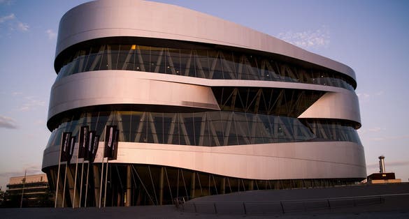 Photo of Spectacular modern architecture and home of Museum Mercedes-Benz Welt in Stuttgart, Germany.
