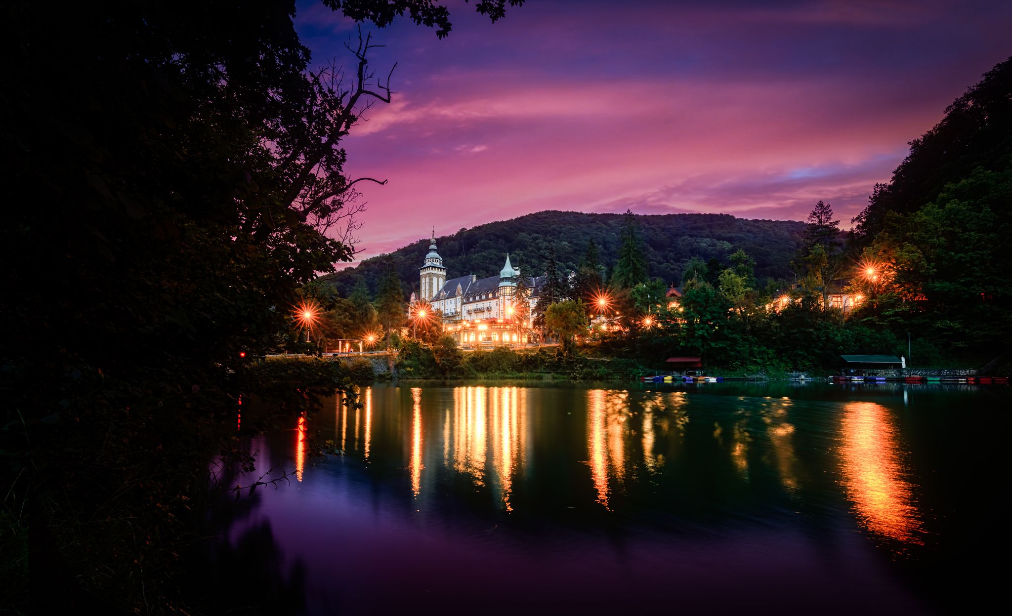 photo of view of Lillafured castle Miskolc Hungary at night.