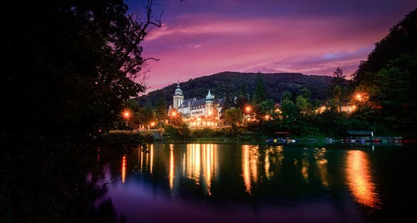 photo of view of Lillafured castle Miskolc Hungary at night.