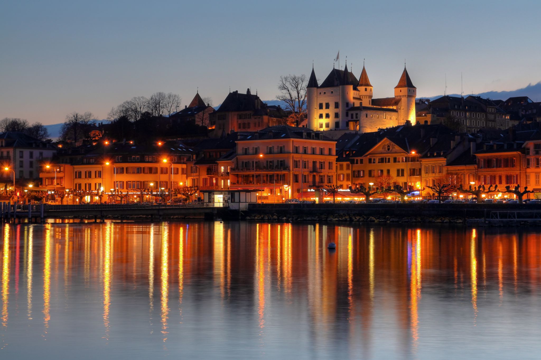 photo of Nyon skyline after sunset near Geneva, Switzerland.