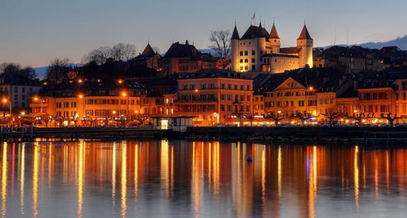 photo of Nyon skyline after sunset near Geneva, Switzerland.