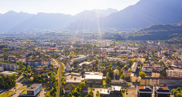 Panoramic view from above on the city Albertville. France
