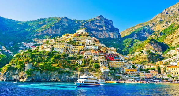 View of Positano village on a sunny day along Amalfi Coast in Italy.
