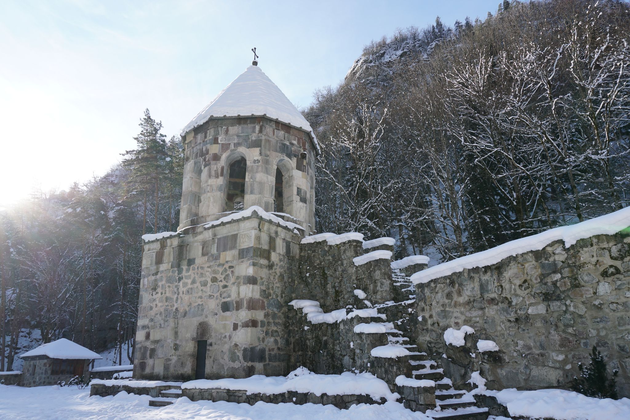 Photo of Mtsvane Monastery in winter ,Georgia. It is medieval complex in a forested valley also known as Green Monastery