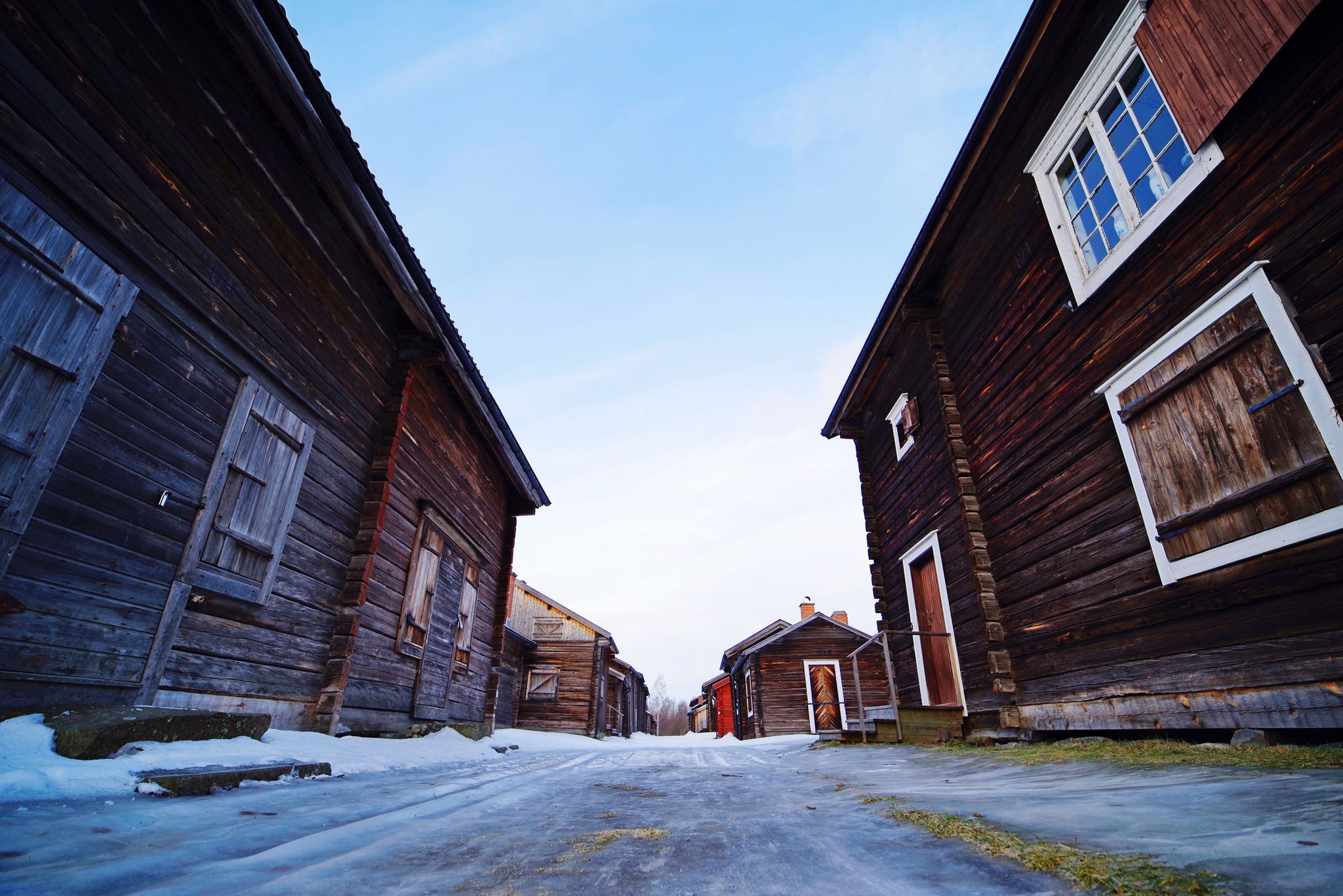 photo of low angle view in Bonnstan Skellefteå, at winter, a cultural heritage from previous generations in Sweden.